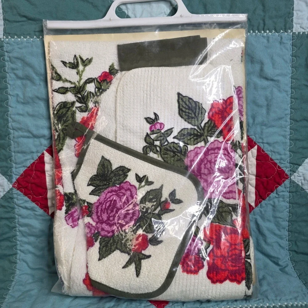 Excello Hostess Gift Set Terrycloth Floral Apron Towel Dish Cloth Pot Holder NOS